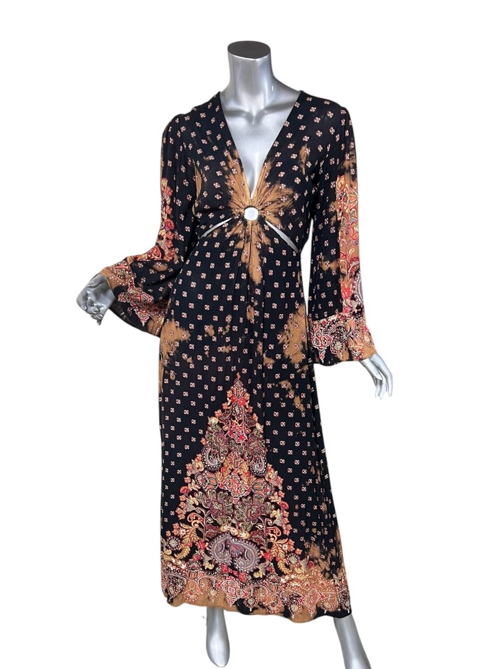Angie Women's SMALL Long Bell Sleeve Boho Printed Bleached Cutout Maxi Dress